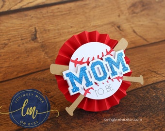 Name Tags/Corsages - Baseball Royal Blue, White & Red Baby Shower Cardstock Corsages - Additional Names Available - Mom To Be