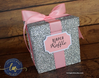 Mini Cards Box - Size 7 x 7 x 7 - Baby Pink Ribbon & Silver Glitter  - Baby Shower Bridal, Birthday, Advise Box, Game Box, Raffle Box, Card