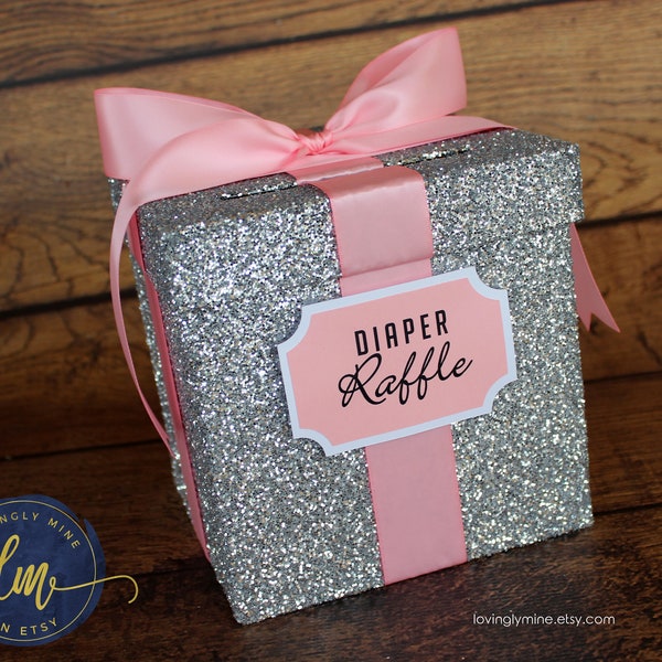 Mini Cards Box - Size 7 x 7 x 7 - Baby Pink Ribbon & Silver Glitter  - Baby Shower Bridal, Birthday, Advise Box, Game Box, Raffle Box, Card