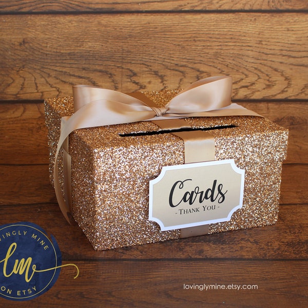 Card Box Champagne Glitter | Gift Money Card Box for Any Event | Wedding Sweet Sixteen Quinceanera Bridal Shower Baby Shower Graduation