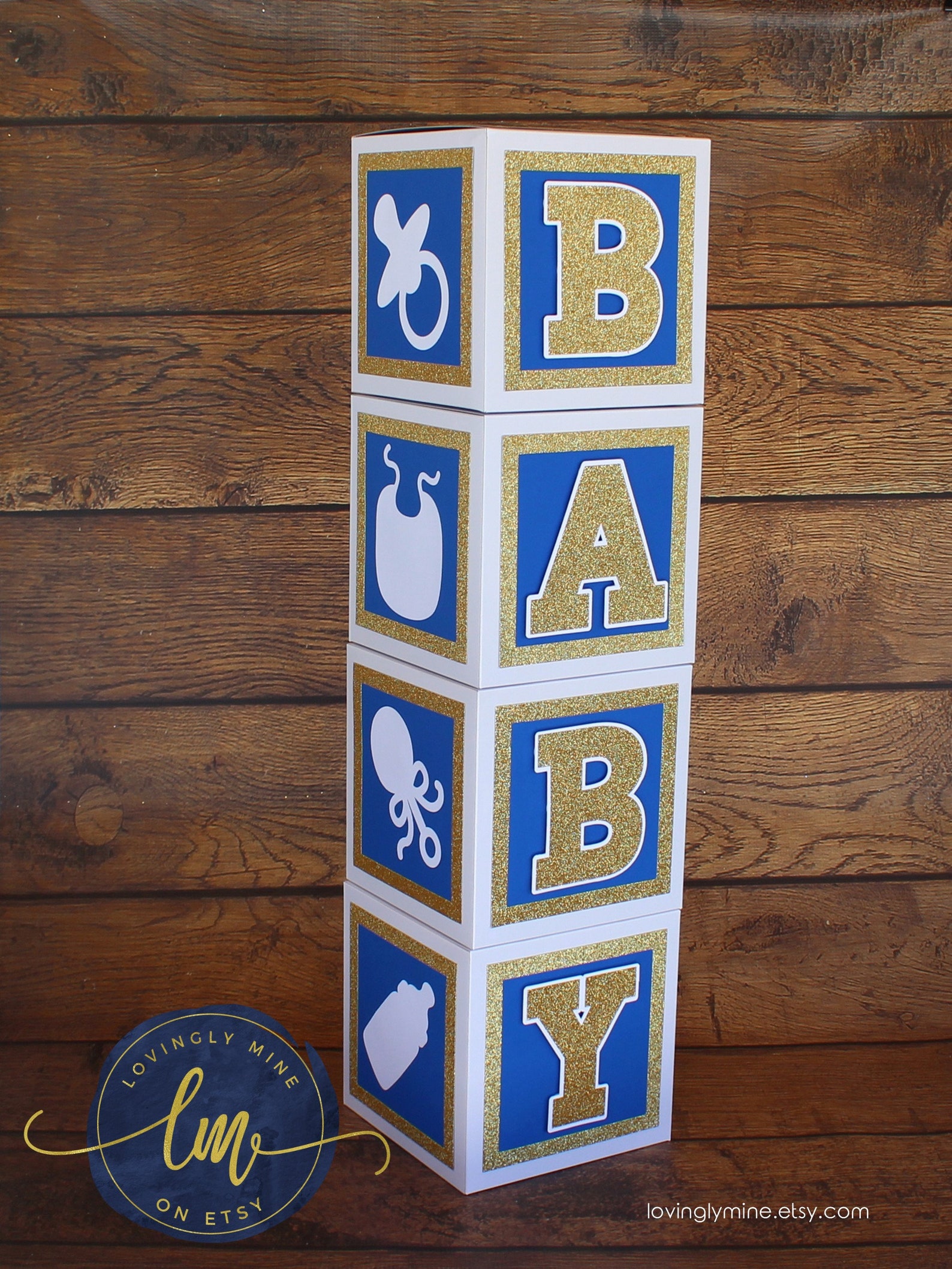 7 Inch Baby Block Decoration Boxes in Glitter Gold Royal Blue Etsy