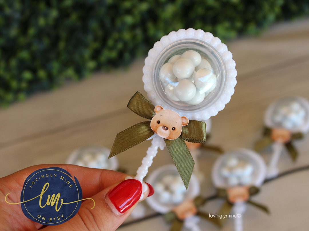 Baby Rattles Baby Shower Favors With Sage Satin Bow Teddy Etsy