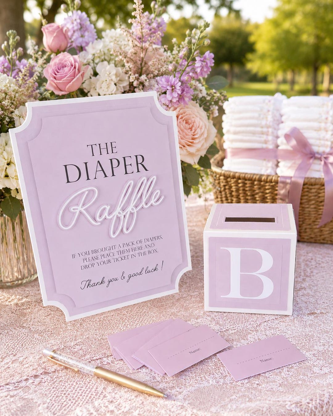 Diaper Raffle Game Kit With Sign and Mini Card Box in Lavender and ...