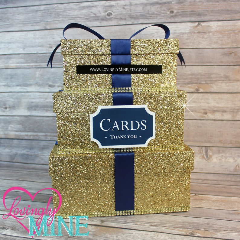 3 Tier Card Box Gold Glitter Gold Rhinestones & Navy Satin Etsy