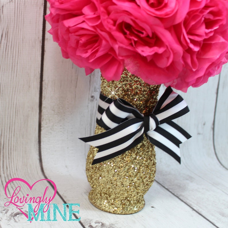 Centerpiece Glitter Gold Glass Vase Hot Pink Faux Silk Rose Etsy