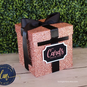 8 x 8 x 8 Card Box Rose Gold Glitter & Black Gift Money Box | Baby Shower | Wedding | Bridal Shower | Birthday Party | Graduation