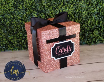 8 x 8 x 8 Card Box Rose Gold Glitter & Black Gift Money Box | Baby Shower | Wedding | Bridal Shower | Birthday Party | Graduation