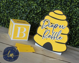Diaper Raffle Game Kit  with Sign and Mini Card Box in Yellow, Black and White | Baby Shower Game, Bumble Bee, Gender Unknown