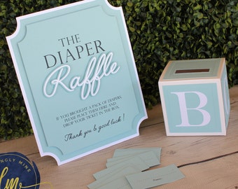 Diaper Raffle Game Kit  with Sign and Mini Card Box in Baby Blue & White | Baby Shower Game