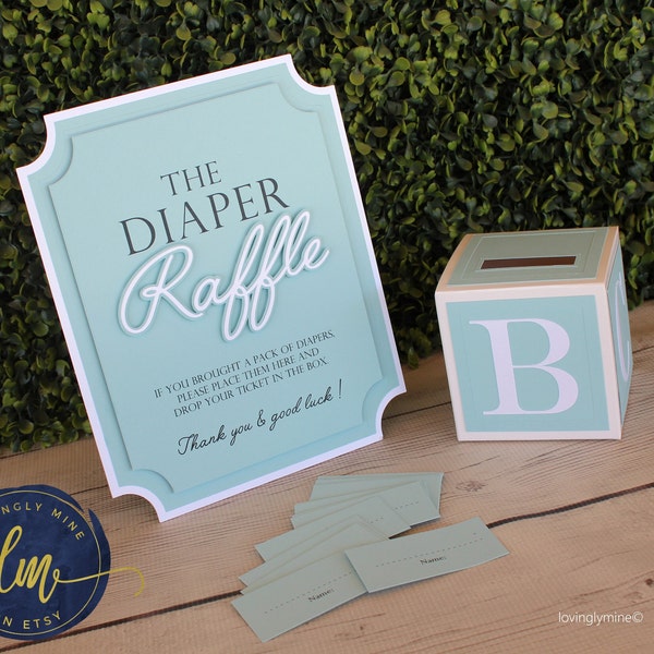 Diaper Raffle Game Kit  with Sign and Mini Card Box in Baby Blue & White | Baby Shower Game