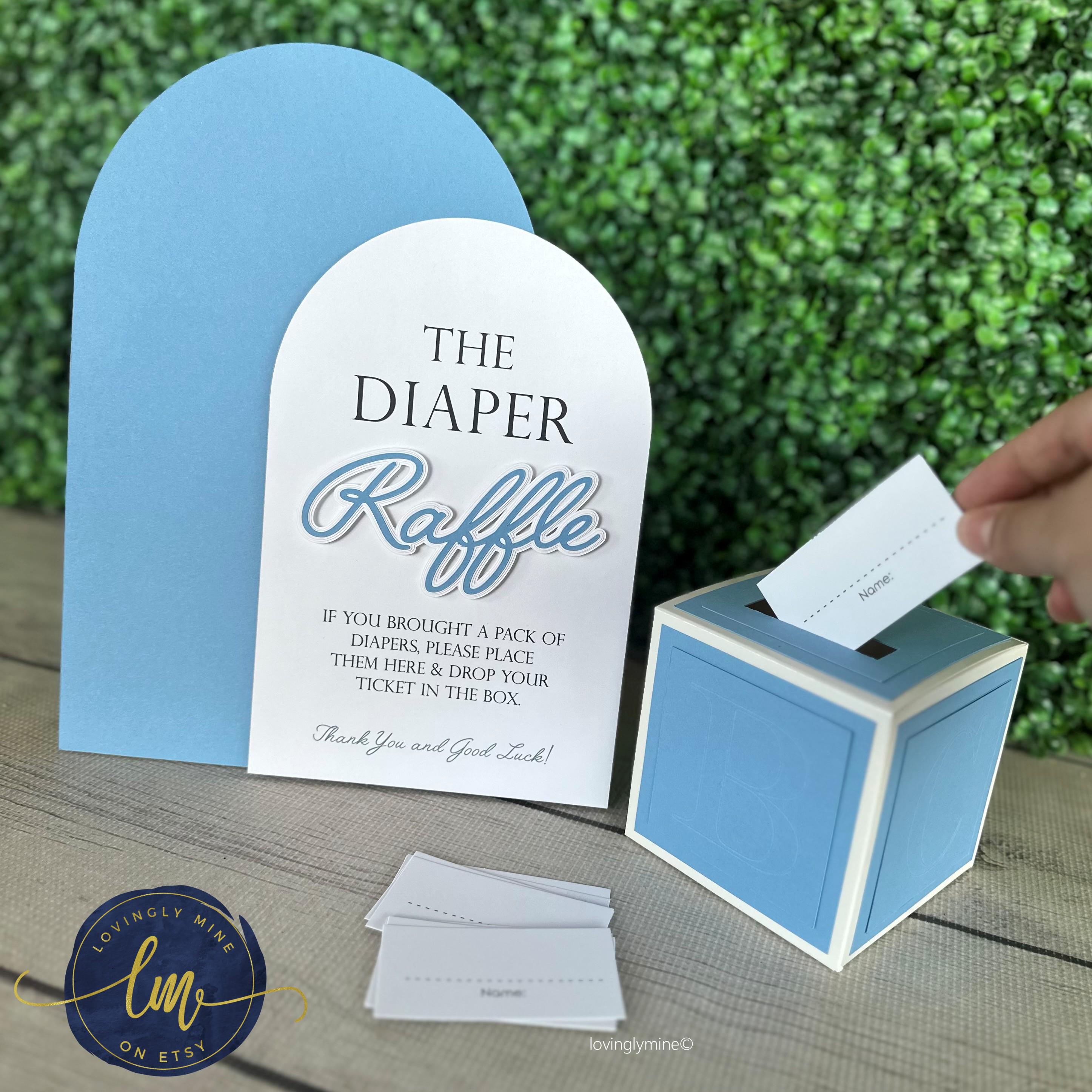 Diaper Raffle Game Kit With Sign and Mini Card Box in French Blue and ...