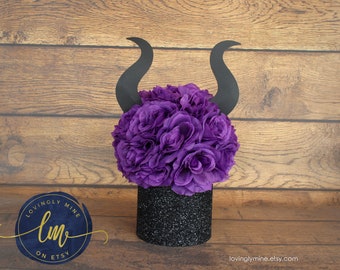 Centerpiece Glitter Black, Purple Rose Pomander, Black Horns | Magical Evil Enchanted | Birthday | Sweet Sixteen | Bat Mitzvah