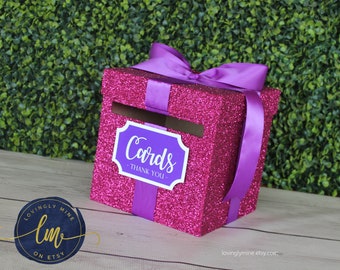 8 x 8 x 8 Card Box Fine Glitter Hot Pink & Purple Gift Money Box | Baby Shower | Wedding | Bridal Shower | Birthday Party | Graduation