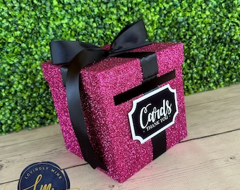 8 x 8 x 8 Card Box Glitter Hot Pink &  Black Gift Money Box, Baby Shower, Wedding, Bridal Shower, Birthday Party, Graduation