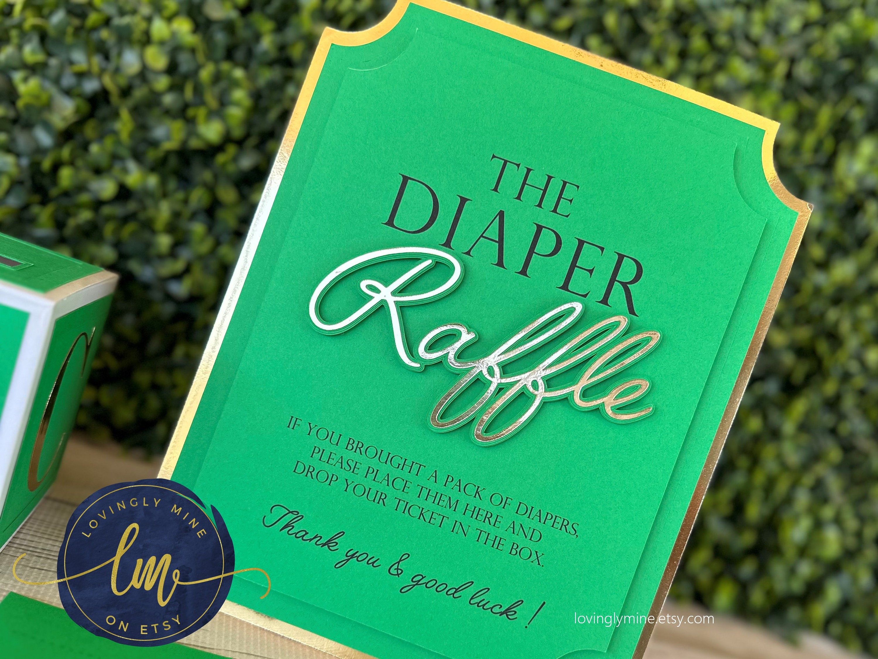 Diaper Raffle Game Kit With Sign and Mini Card Box in Green and Gold ...
