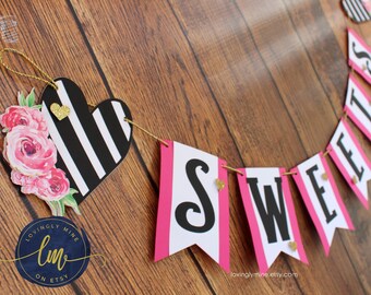 Banners in Hot Pink, Black & White Stripes and Glitter Gold - Bridal Shower, Birthday, Baby Shower