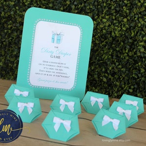 Dirty Diaper Game Aqua Light Teal Diaper Pins with matching Sign, Baby & Company Baby Shower Games