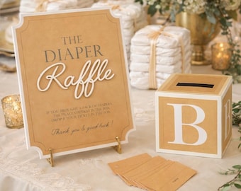 Diaper Raffle Game Kit with Sign and Mini Card Box in Kraft Brown and White | Baby Shower Game, Natural, Neutrals, Ivory, Sand, Browns