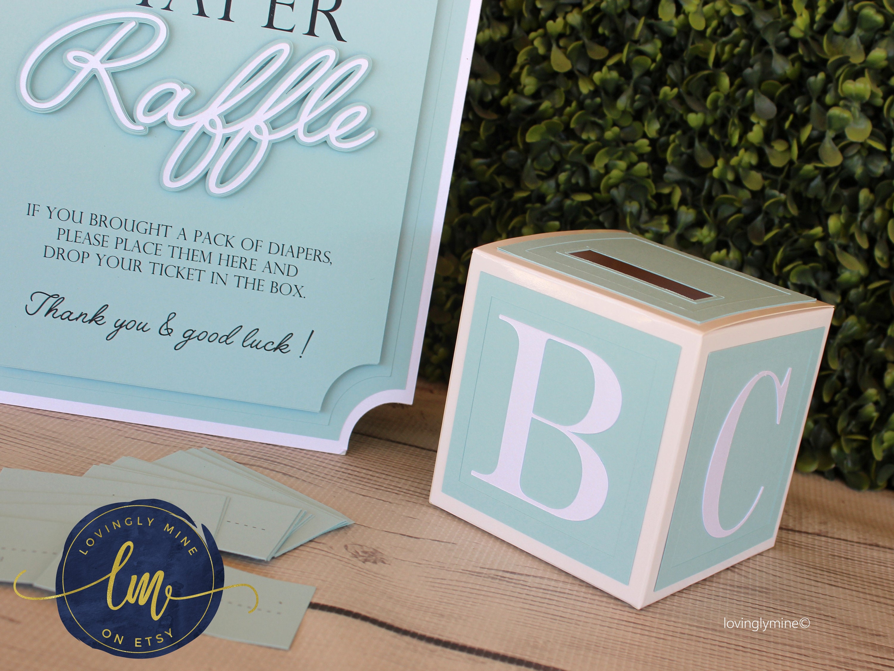 Diaper Raffle Game Kit With Sign and Mini Card Box in Baby Blue & White ...