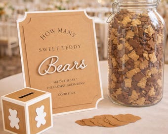 How Many Teddy Bears Game Kit Frame Kraft Brown & White, Baby Shower, Gender Reveal Event Games