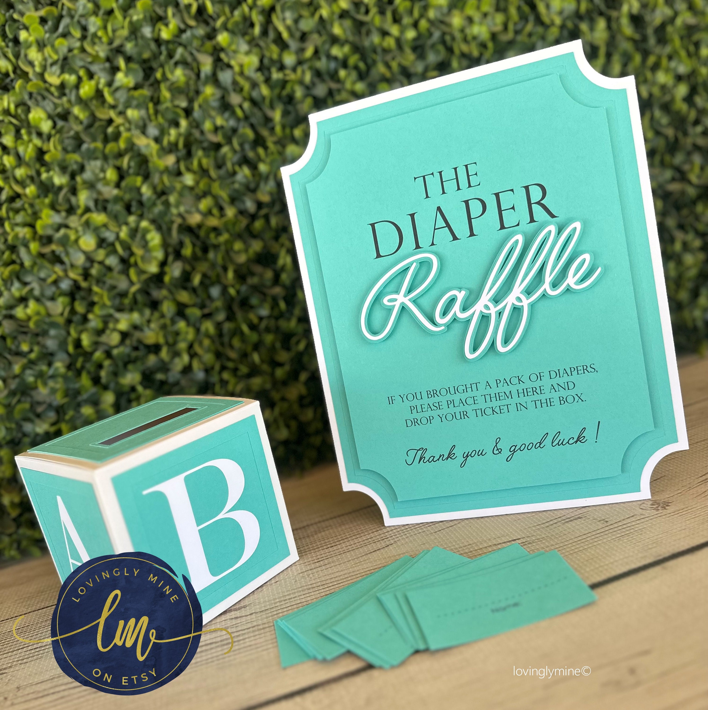 Diaper Raffle Game Kit With Sign and Mini Card Box in Light Teal Aqua ...