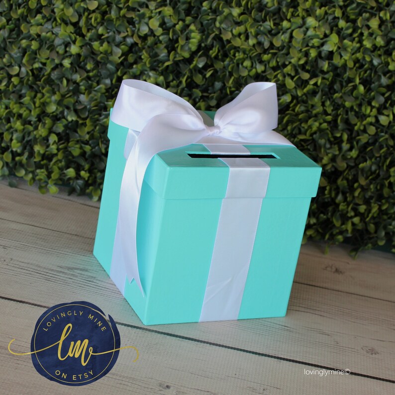 Mini Game Card Box 6 x 6 x 6 inches Game Box with Slot in Light Teal & White Bridal Shower Birthday Baby Shower Graduation image 1