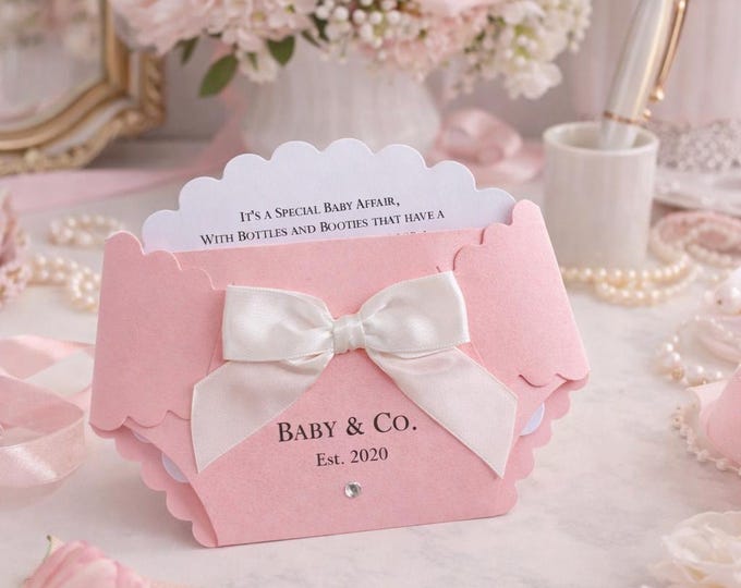 Customizable Diaper Shape Invitations, in Baby Pink and White, Custom Printed | Baby Girl Baby Shower Invites