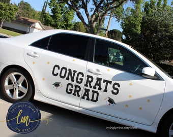 Magnetic Car Decoration Congrats Grad Banners | Graduation Car Parade | Quarantine Graduation, Black, White & Gold