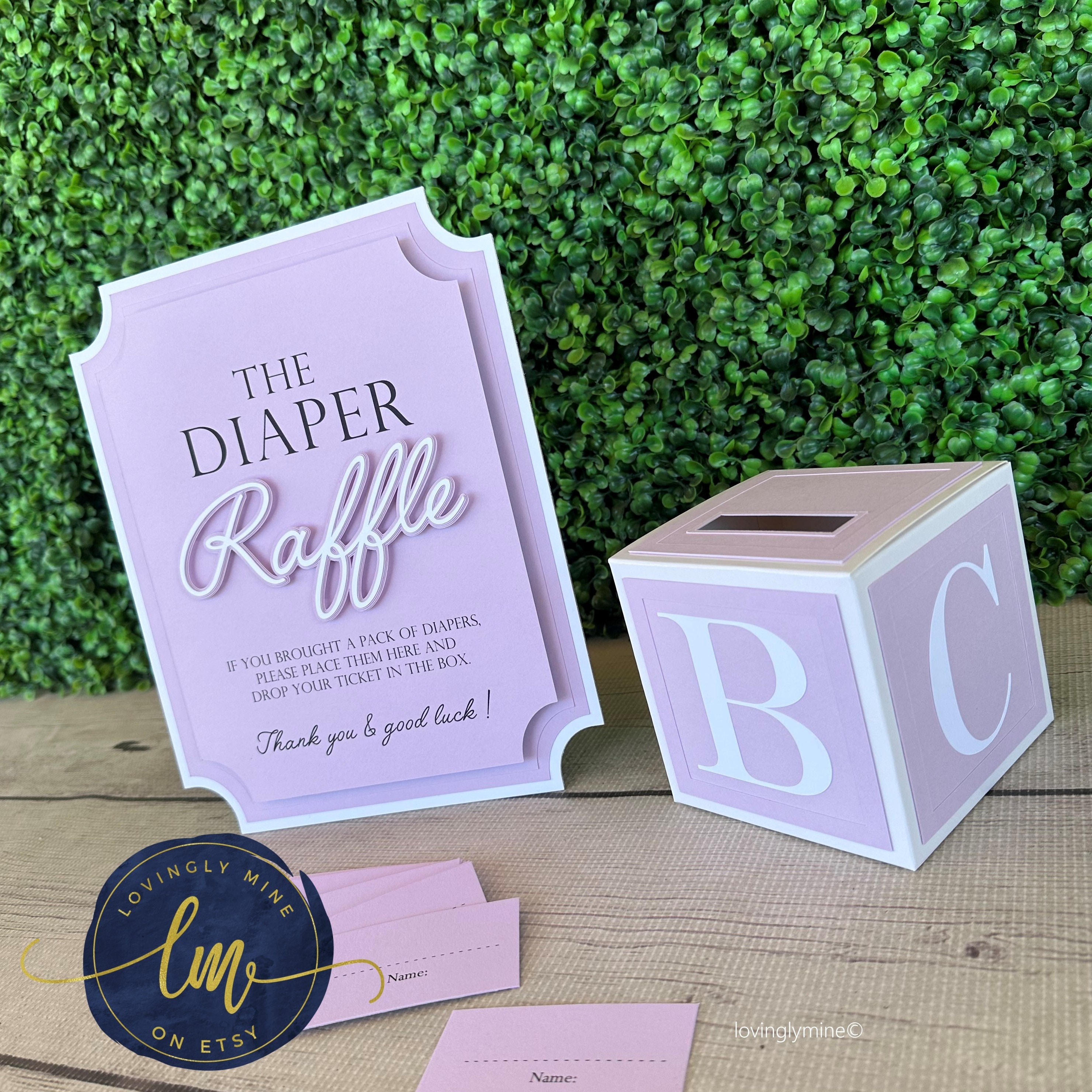 Diaper Raffle Game Kit With Sign and Mini Card Box in Lavender and ...