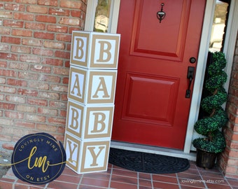 Large Baby Block Decoration Boxes 4 Blocks Spelling Baby Kraft Brown & White  |  Rustic Bohemian Baby Shower 12 inch Sq Gender Neutral