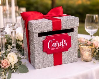 8 x 8 x 8 Card Box Glitter Silver & Red Gift Money Box | Baby Shower | Wedding | Bridal Shower | Birthday Party | Graduation