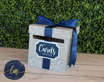 8 x 8 x 8 Card Box Fine Glitter Silver & Navy Blue Gift Money Box | Baby Shower | Wedding | Bridal Shower | Birthday Party | Graduation