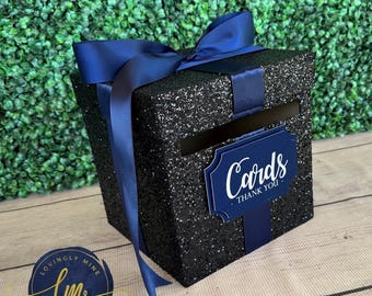 8 x 8 x 8 Card Box Black Glitter & Navy Blue Gift Money Box | Baby Shower | Wedding | Bridal Shower | Birthday Party | Graduation