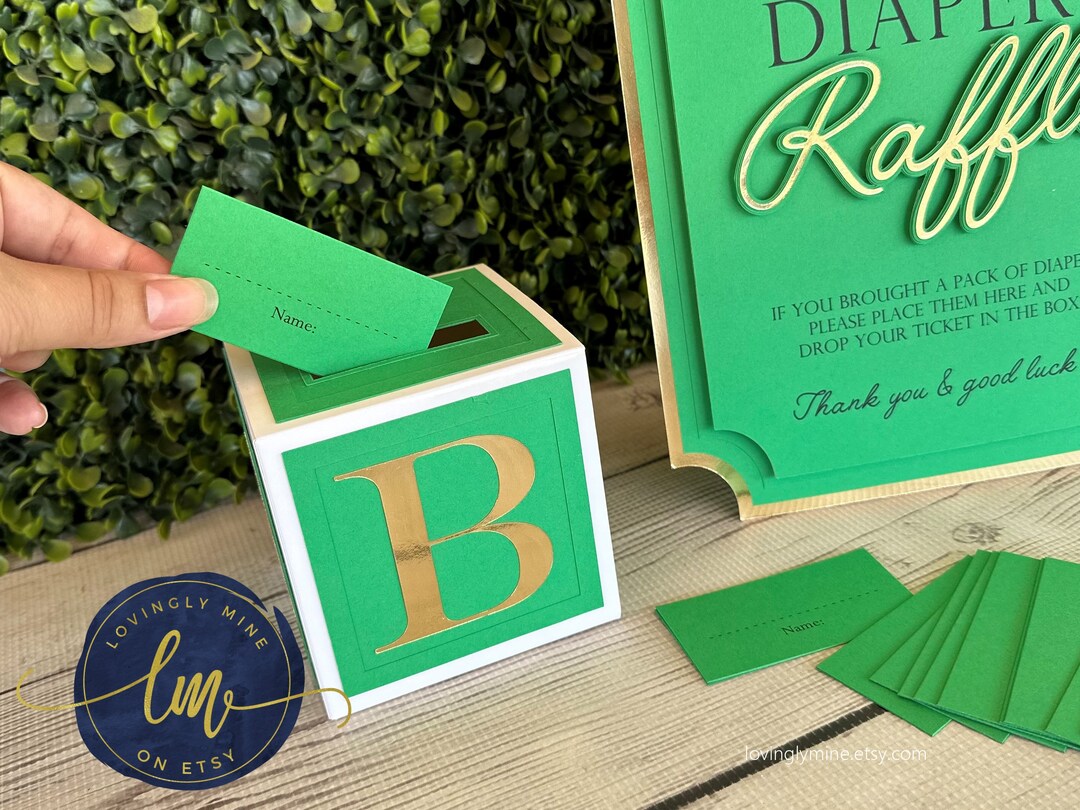 Diaper Raffle Game Kit With Sign and Mini Card Box in Green and Gold