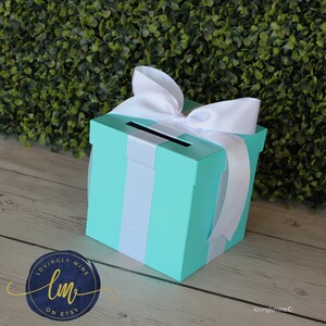 Mini Game Card Box 6 x 6 x 6 inches Game Box with Slot in Light Teal & White Bridal Shower Birthday Baby Shower Graduation image 3