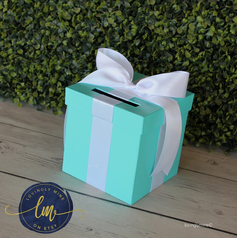 Mini Game Card Box 6 x 6 x 6 inches Game Box with Slot in Light Teal & White Bridal Shower Birthday Baby Shower Graduation image 3