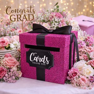 8 x 8 x 8 Card Box Glitter Hot Pink &  Black Gift Money Box, Baby Shower, Wedding, Bridal Shower, Birthday Party, Graduation