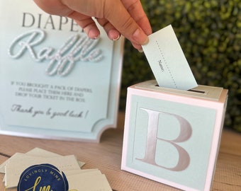 Diaper Raffle Game Kit with Sign Mini Card Box in Light Baby Blue, Matte Silver, Glitter Silver & White, Baby Shower Game, Pastel Baby Blue