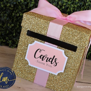 8 x 8 x 8 Card Box Gold Glitter & Baby Pink Gift Money Box | Baby Shower | Wedding | Bridal Shower | Birthday Party | Graduation