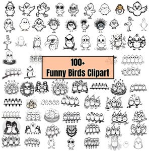 Puede incluir: Una colección de más de 100 ilustraciones de imágenes prediseñadas de pájaros divertidos en blanco y negro. Las aves se representan en varias poses y expresiones, incluyendo búhos, polluelos y otras especies aviares. El texto "100+ Funny Birds Clipart" se muestra en un cuadro rectangular.