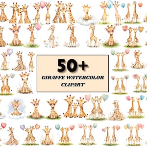 May include: Watercolor clipart featuring over 50 giraffe illustrations in various poses. Giraffes are depicted with balloons, flowers, and clouds. The giraffes are in shades of brown, tan, and cream. The text "50+ GIRAFFE WATERCOLOR CLIPART" is displayed in a black rectangle.