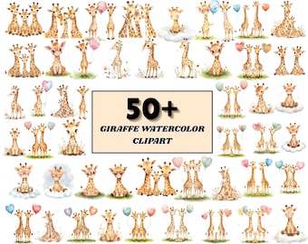 Imágenes prediseñadas de jirafas en acuarela / Más de 50 imágenes PNG de animales de safari, imágenes prediseñadas para niños, arte para guarderías (descarga digital)