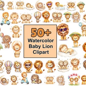 Puede incluir: Una colección de más de 50 imágenes prediseñadas de leones bebés en acuarela. Las ilustraciones presentan adorables leones en varias poses, algunos con gafas de sol o coronas, y otros con globos o paraguas. La paleta de colores incluye tonos de beige, marrón y amarillo.