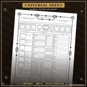 May include: A black and white tabletop role-playing game character sheet titled Universal Sheet. The document features sections for character name, combat dashboard, ability scores, weapons, attacks, class features, and proficiencies, with dice icons.