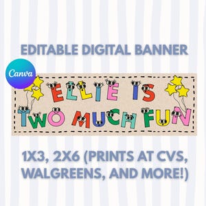 Puede incluir: Una pancarta digital con el texto "ELLIE IS TWO MUCH FUN" en letras coloridas de estilo caricatura. La pancarta incluye el texto "EDITABLE DIGITAL BANNER" y "Canva" en un círculo. La pancarta está diseñada para imprimir.