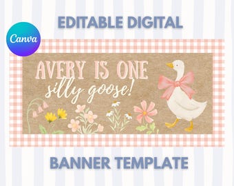 Banner de cumpleaños de Silly Goose (rosa y amarillo): archivo digital personalizable y editable