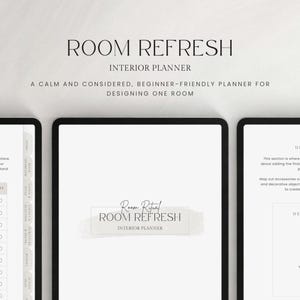 Puede incluir: Planificador de interiores digital titulado "Room Refresh" con un diseño minimalista. El planificador incluye secciones para listas de compras y planificación de decoración, con texto en una fuente moderna. La estética general es limpia y organizada.