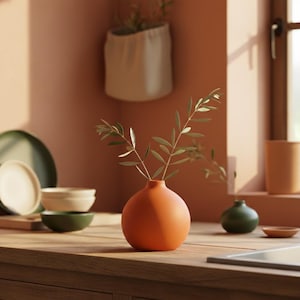 May include: A spherical, orange vase with green foliage sits on a wooden surface. A small, dark green vase and a small, round, orange dish are also present. A white hanging planter and various dishes are in the background.