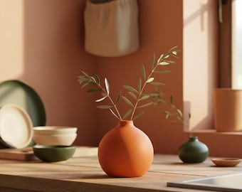 Matte Orange Spherical Ceramic Bud Vase, Modern Minimalist Decor