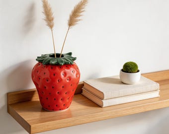 Hand-Painted Ceramic Strawberry Vase | Cottagecore Table Decor, Single Stem Flower Holder